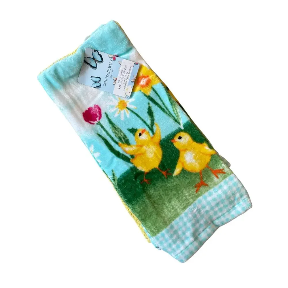 Cynthia Rowley Kitchen Towels Set of 3 Colorful Spring Floral Easter Chicks New